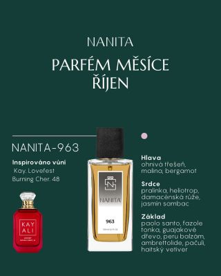 Parfém měsíce říjen: NANITA 963, unisex parfém s ambrově-dřevitou vůní inspirovanou Kayali Lovefest Bur. Cherry 48. Ohnivá...